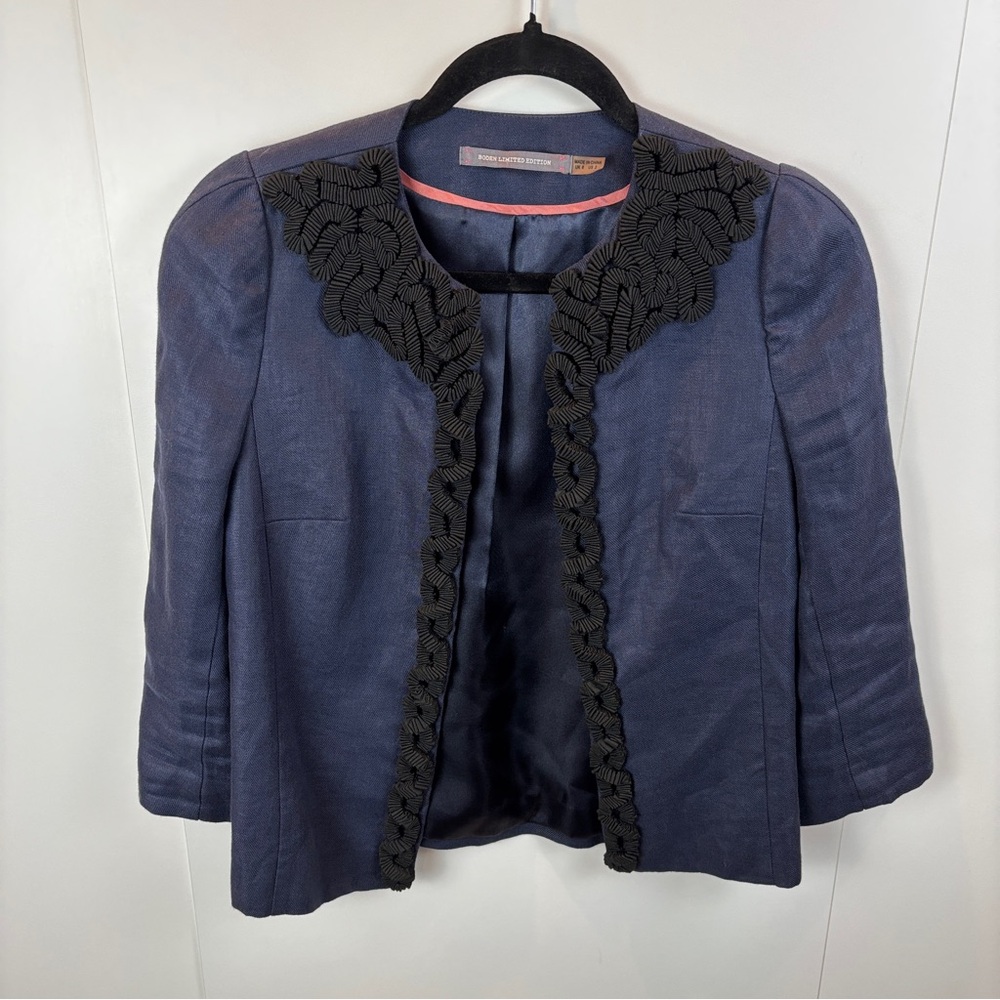 Boden Limited Edition Linen Navy Blue Blazer Black Ribbon Crinkle Detail sz 2
